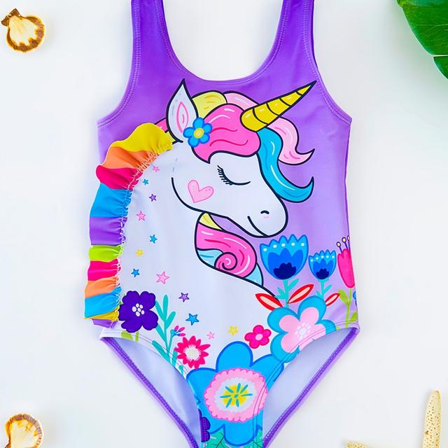 TEMU Cute Unicorn Pleated Lace Girls Fashion Swimsuit Summer -piece Girls Swimsuit 4-8 Years Old