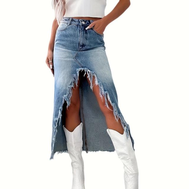 TEMU Women's Clothing: 2025 Spring New High-waisted Irregular Frayed Denim Skirt, Vintage Wash