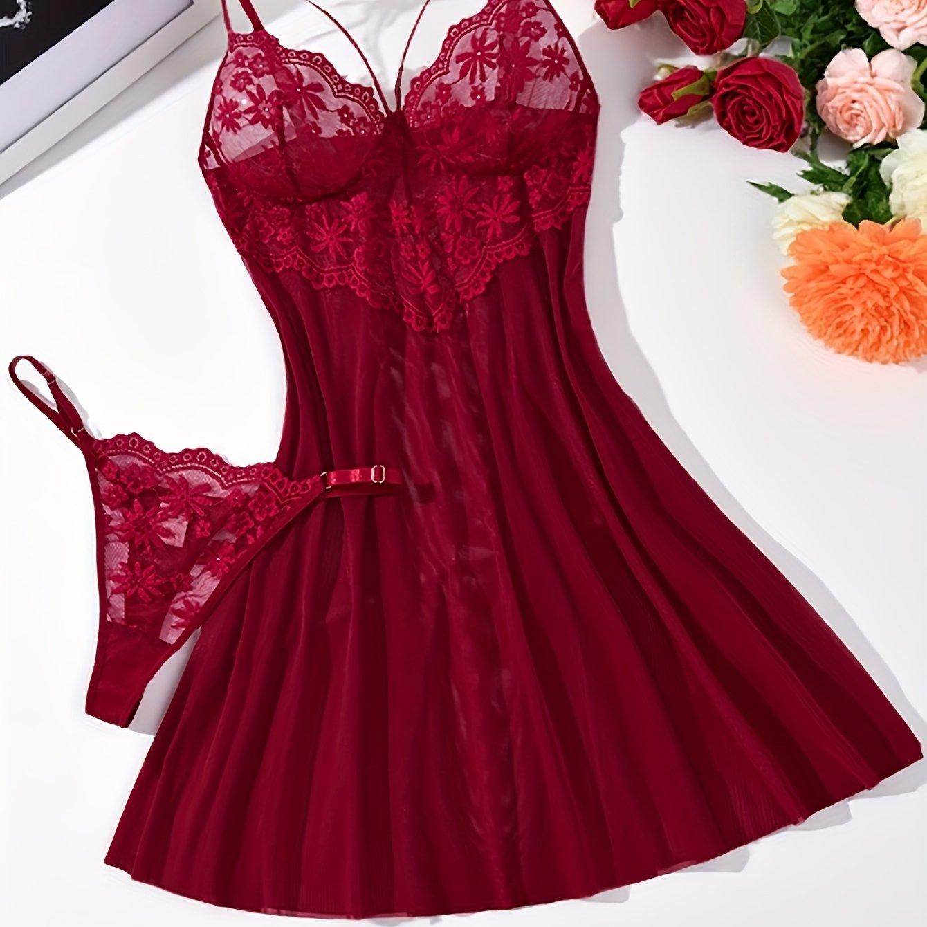TEMU Elegantes, sexy Kurz-Nachthemd in Unifarben, Burgunderrote, romantische Spitzen-Mesh--Dessous, V-Ausschnitt-Design elegante Linien, Cami-Kleid, exklusive Damen-Nachtwäsche