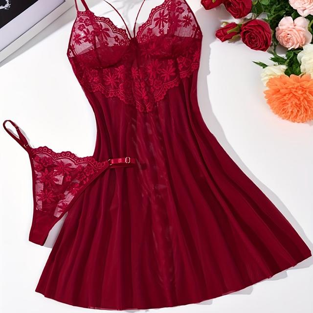 TEMU Elegantes, sexy Kurz-Nachthemd in Unifarben, Burgunderrote, romantische Spitzen-Mesh--Dessous, V-Ausschnitt-Design elegante Linien, Cami-Kleid, exklusive Damen-Nachtwäsche