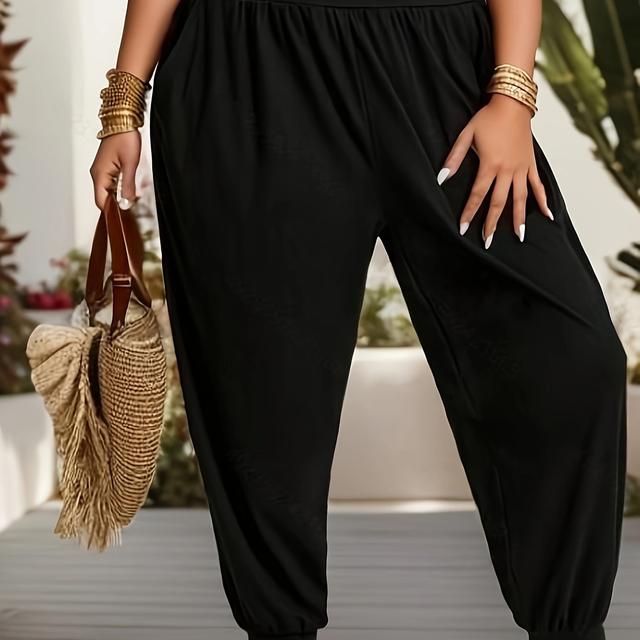 TEMU Plus Size - Women's Plus Size High-waisted Black Wide-leg Pants - Elegant Solid Color, Comfortable Stretch Fabric, Casual Or Stylish Outfits, Pants | Highwaisted Pants | Glossy Texture