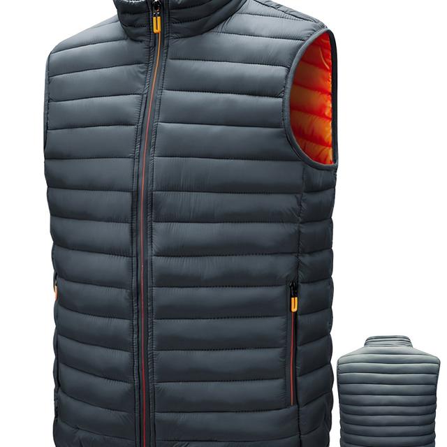 TEMU Men's Lightweight Vest, Autumn And Winter Outerwear, Solid Color Casual Zip-up With Stand Collar And Pockets