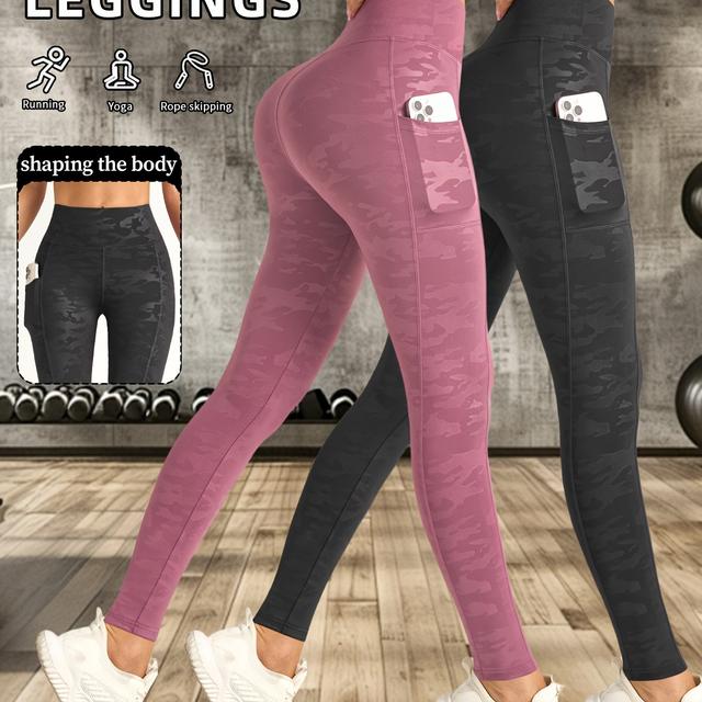 TEMU Set Of 2 Dual-pocket Running And Cycling Pants, Camouflage High-waisted Sports Leggings For Women, Popular -lifting Fitness Casual Tights.
