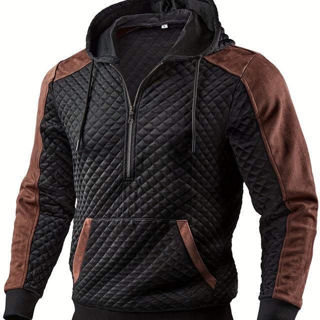 TEMU Men's Fashion Top, Autumn/winter Casual Textured Diamond Check Fabric, Color-block Hooded Long Sleeve Pocket Pullover Knitwear