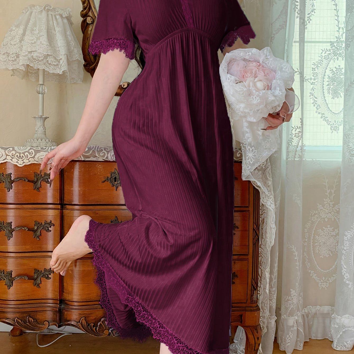 TEMU Ladies' Elegant Solid Color Lace Trim V-neck Short Sleeve Dress
