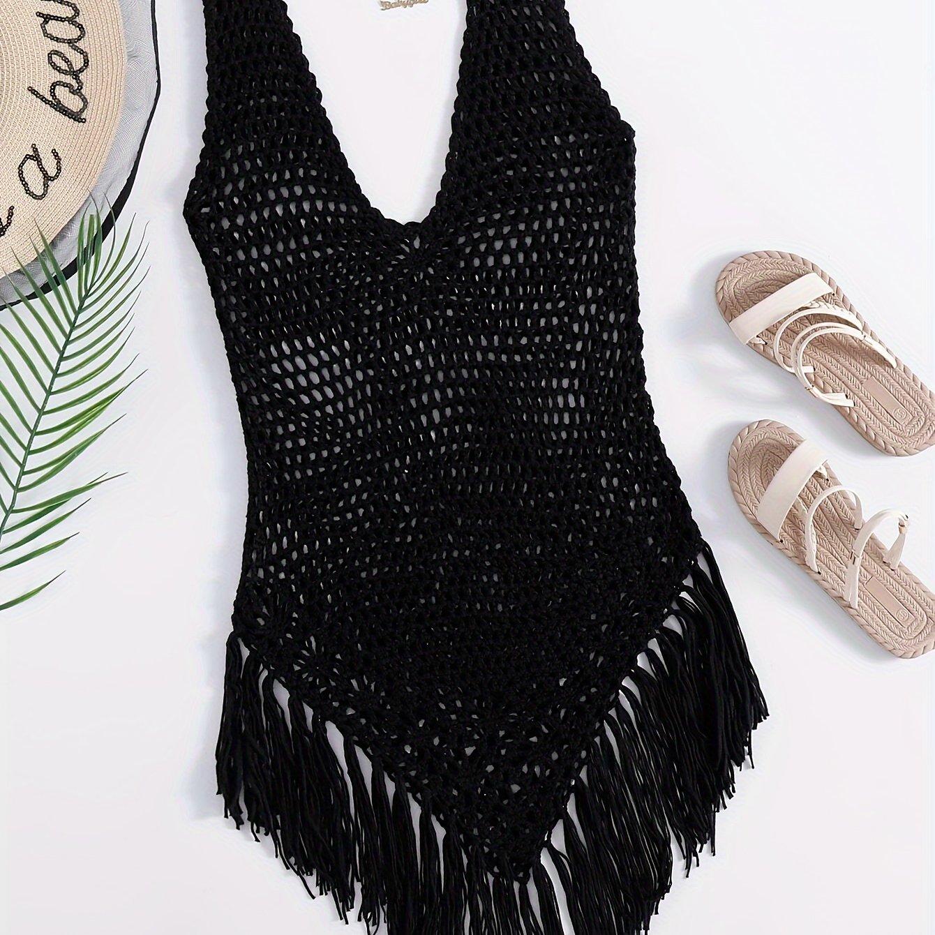 TEMU Fringed Hem Cover-up | Sexy V-neck, High Stretch Fabric, Solid Color, Hollow Detail, Monokini Style By Nzzof