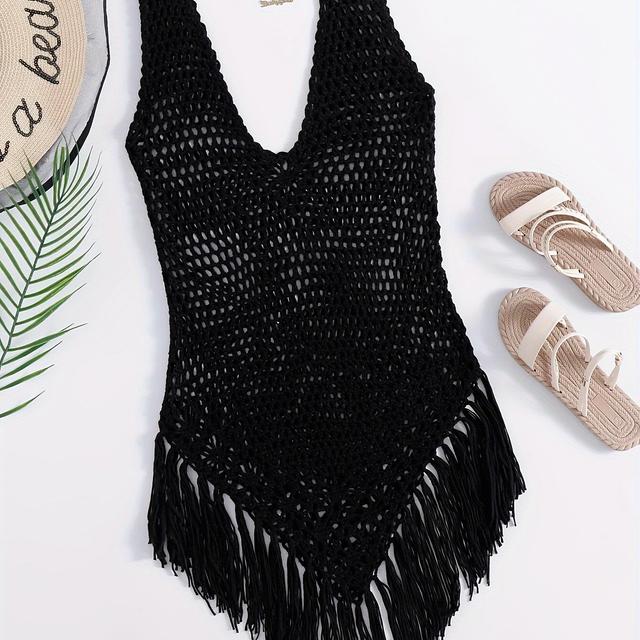 TEMU Fringed Hem Cover-up | Sexy V-neck, High Stretch Fabric, Solid Color, Hollow Detail, Monokini Style By Nzzof
