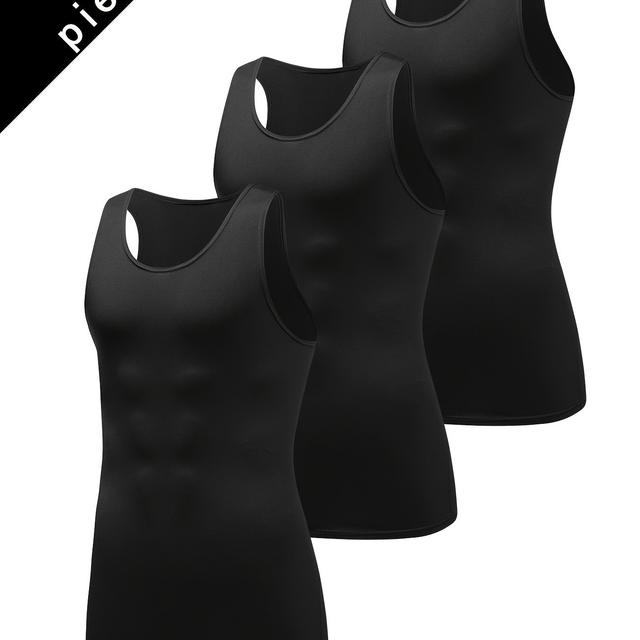 TEMU 3 piezas de tops negros de moda para hombre - Poliéster y spandex elásticos, ideales para fitness, correr y uso casual, ropa cómoda los días | Estilo minimalista | Tejido elástico