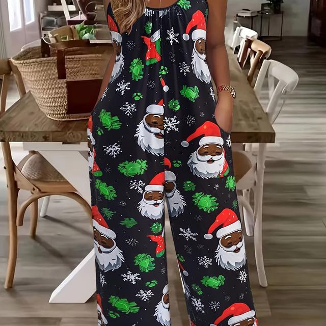 TEMU Women's Plus Size Christmas Print Jumpsuit, Sleeveless Spaghetti Strap, Round Neck, Knit Fabric, Casual Loose Fit, Wide Leg, With Pockets, All
