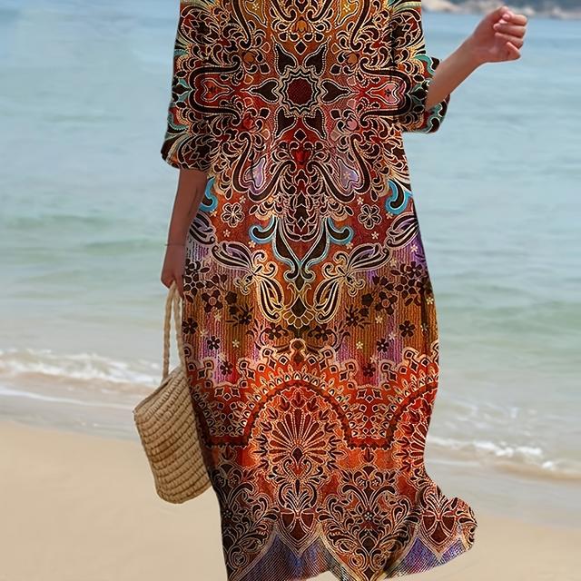 TEMU Robe de Plage Grande Taille pour Femmes 2025, Imprimé Numérique Décontracté à Manches Longues et Imprimé Rétro