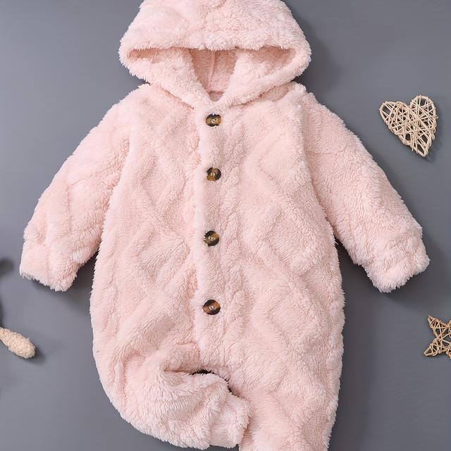 TEMU Girls' Cozy Fleece-lined Hooded Romper - Long Sleeve, Button-up Front, , Fall/winter Outdoor Play, Cute Animal Design With Heart & Star Patterns, Outdoor