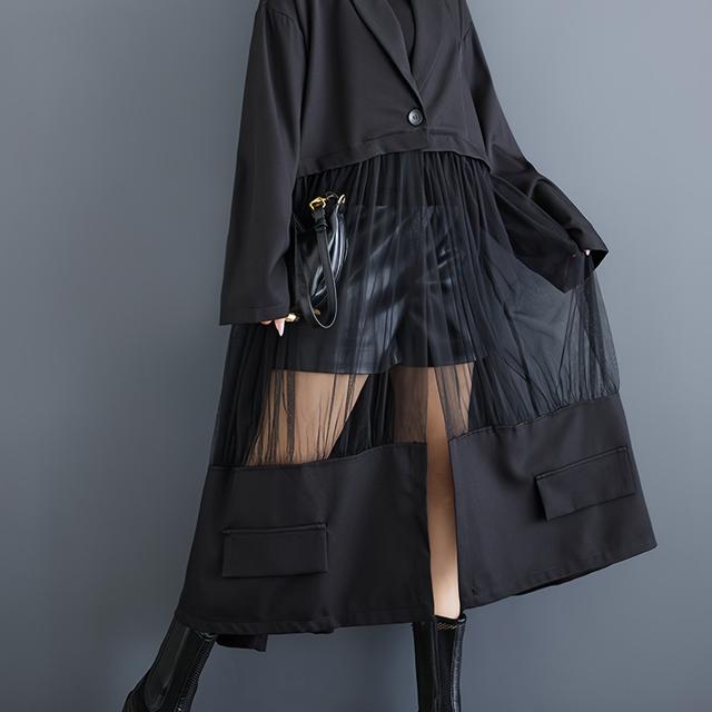 TEMU Women's Casual Solid Color Trench Coat, Polyester 100% 250g/m² Woven Fabric, Long Sleeve Contrast Mesh Detail, Vintage Style Slimming Outerwear