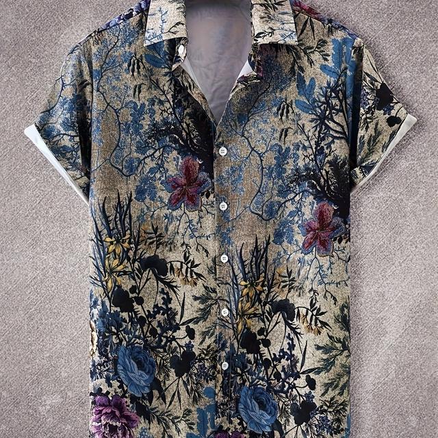 TEMU Chemise à manches courtes à imprimé floral vintage pour homme, haut à , chemise boutonnée décontractée pour les vacances quotidiennes et les centres de