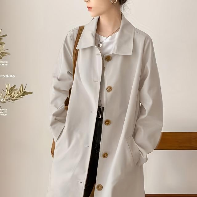 TEMU シックな女性用ミドル丈ウィンドブレーカージャケット - カジュアルボタンアップ、無地、春秋用多機能アウター、軽量ポリエステル、手入れ簡単