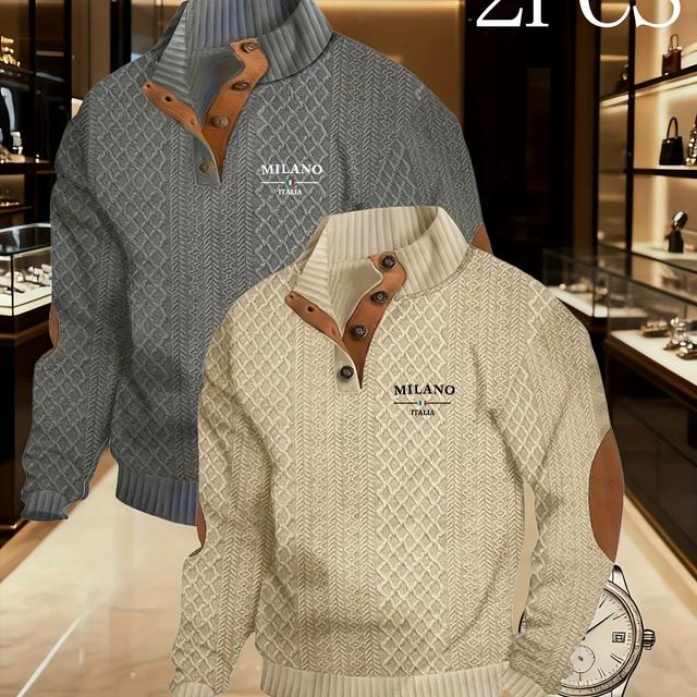 TEMU Ein Set aus zwei Herren Herbst- und Winter High-Neck Jacquard Strick Upgraded Version, mit einem robusten 280G/M², reifen Retro Mock Turtleneck Pullover Sweatshirt