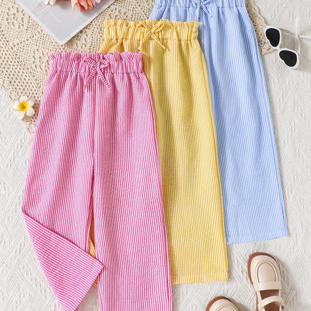 TEMU (set Of 3) Young Girl Casual Comfortable Bow Decoration Striped Wide-leg Pants Spring And Autumn Season, Gift For Daughter, For Outdoor