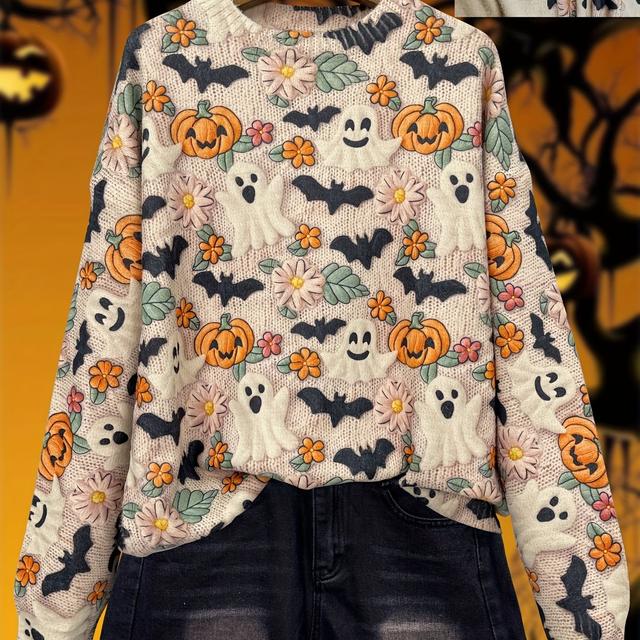 TEMU [all-] [heavyweight] [sweater] Plus Size All- Halloween Cute Pumpkin Thick Knit, Casual Crew Neck Long Sleeve Sweater, Women's Clothing, Suitable For Autumn And Winter