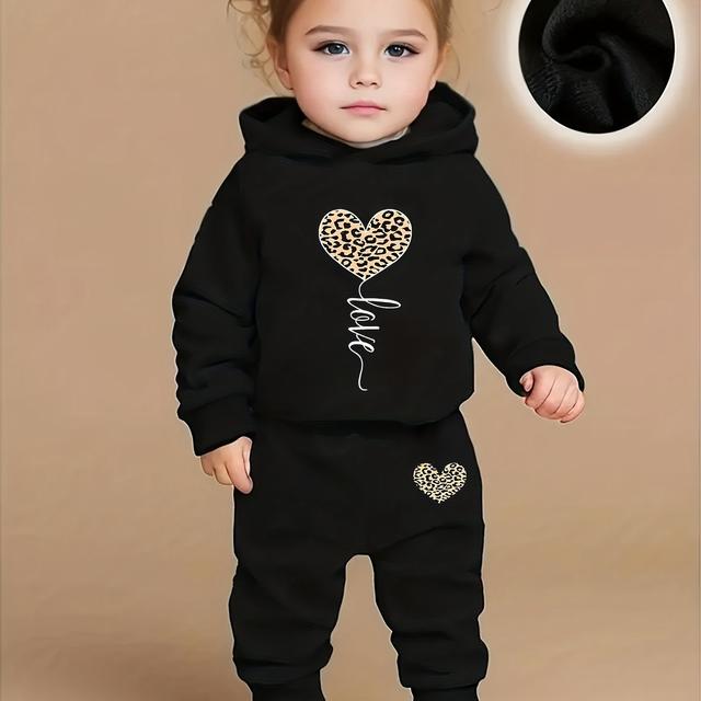 TEMU Baby And Toddler Long Sleeve Fleece-lined Heart Print Hoodie And Fleece-lined Long Pants Casual Athletic Set, For Outdoor