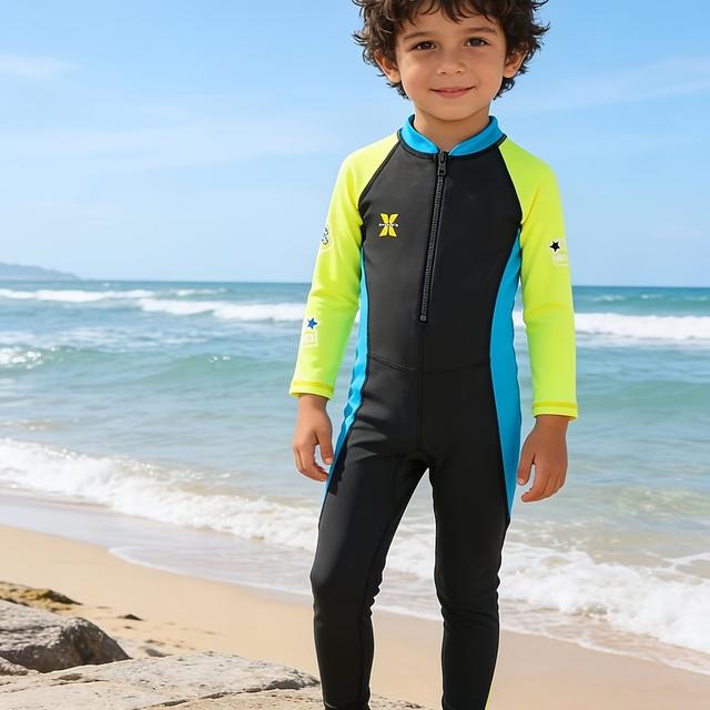 TEMU Boys' One-piece Swimsuit, Modest Swimsuit, Long-sleeved, Long-legged, Zippered Swimsuit