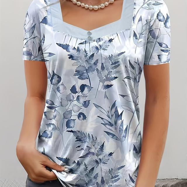 TEMU Women's Elegant Square Neck Button-front Blouse With Random Floral Print - Machine Washable Short Sleeve Top For Casual & Formal Wear, Floral Print Blouse, Soft Texture Clothing
