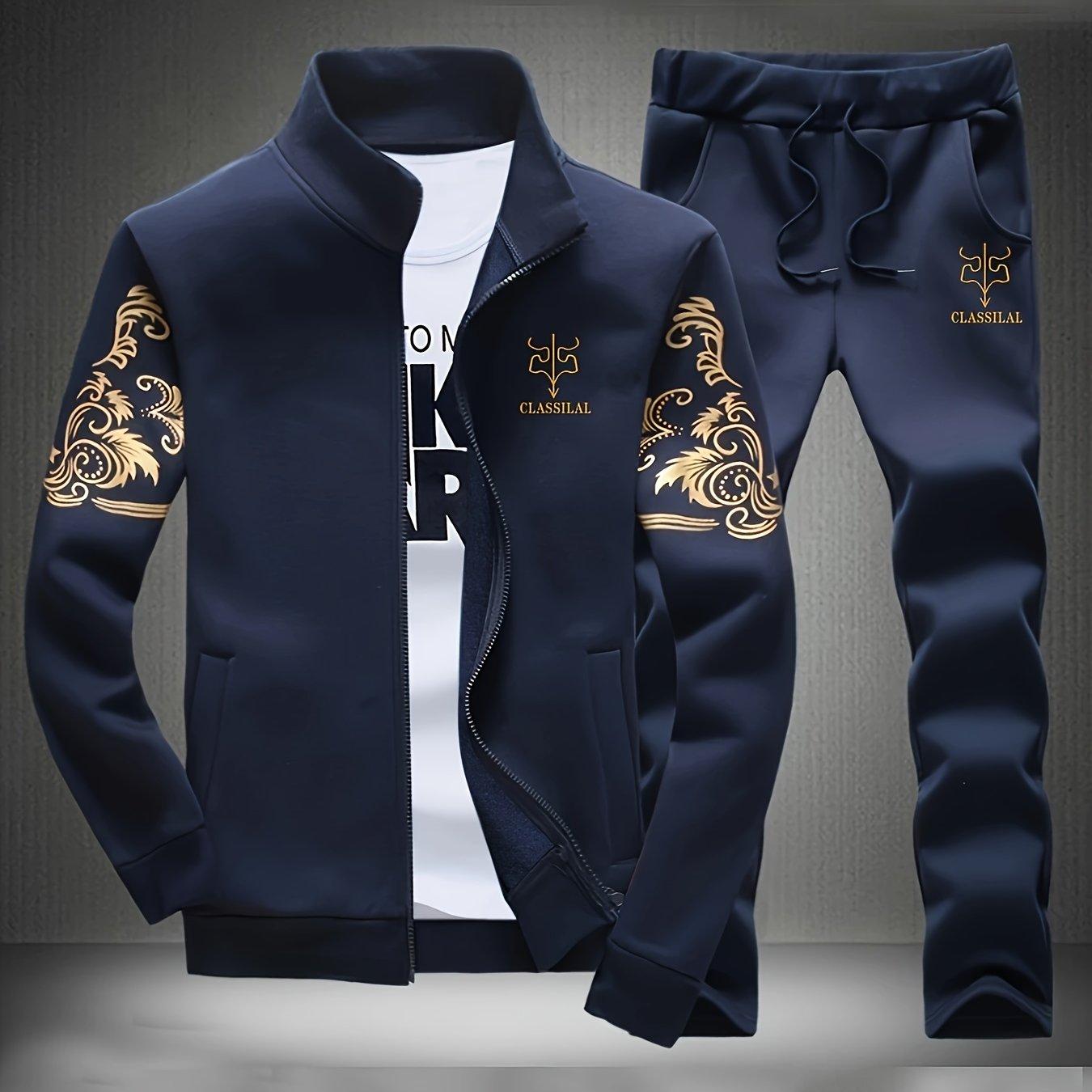 TEMU Men's Navy Blue "shan Yes" Sports Suit - Zip-up Hoodie & Joggers With Pockets, Regular Fit For Spring & Fall, Comfortable , Hoodie | Sporty Hoodie | Zipper Closure, Essential Hoodie