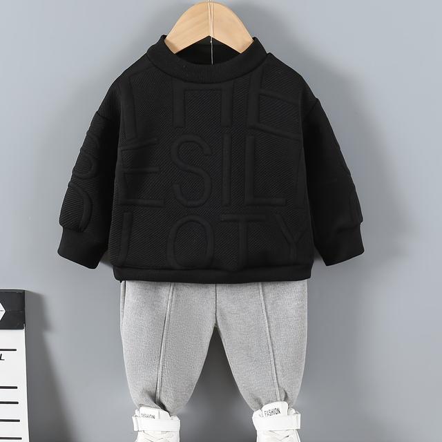 TEMU Kids' 2pcs Fall/ Set: Long Sleeve Pullover & With Fun Letter Design, Polyester , For