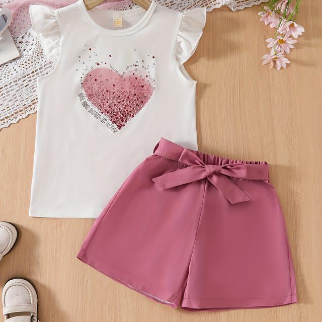 TEMU Sommerliches zweiteiliges Mädchen-Set mit ärmellosem Rundhals-Top mit Herzmuster und gewebten Shorts, für eine bequeme Passform und für Ausflüge, für Outdoor-Aktivitäten.