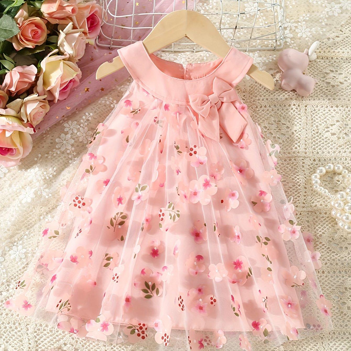 TEMU New Summer Girls' Dress With Full Petal Princess Mesh, Halter Neck, And Sweet Bow Detail