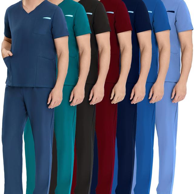 TEMU Men's Short-sleeve Elastic Work Uniform, Lab Coat, Hand-washing Attire With Pockets, Breathable Elastic Top And Drawstring Pocket Pants Set.