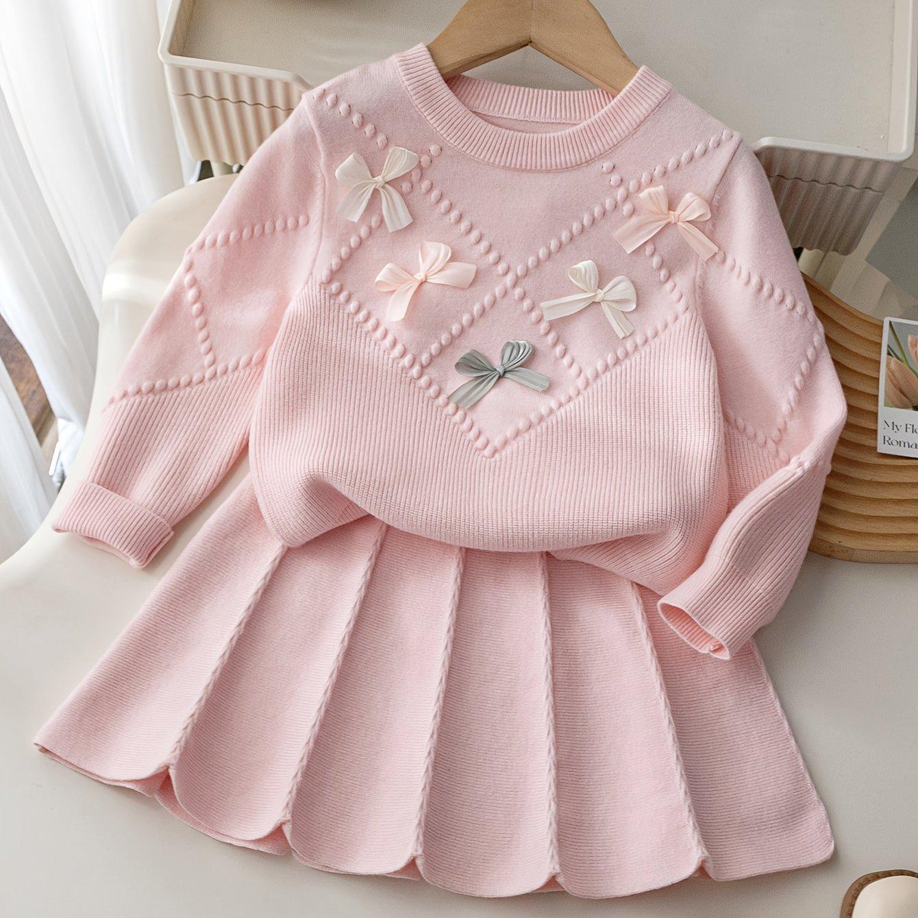 TEMU Girls' Warm Clothing Set, Knitted Sweater With Cute Bow And Pleated Skirt 2pcs Outfit Soft Comfortable For Winter