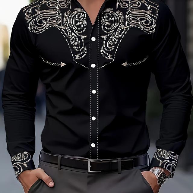 TEMU Men's Navy Blue Floral Print Button-up Shirt - Long Sleeve, Breathable Polyester, Casual Lapel Collar For Spring & Fall, Gift For Eld, Gift For Ramadan