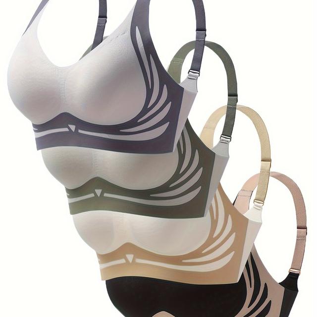 TEMU 4pcs Women's New Set - Wireless, Striped & Color , Non-padded, Sports Style, Beige, Green, Options, Comfortable Undergarment | Striped Pattern Bra | Nonremovable Padding Bra