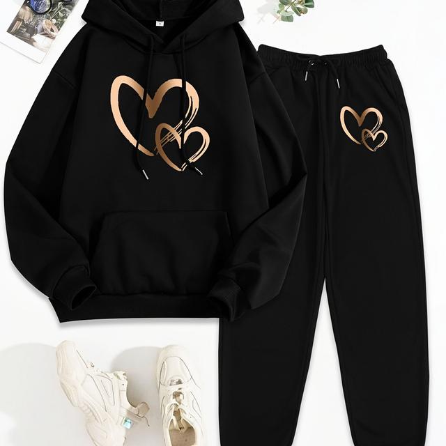 TEMU 여성 캐주얼 하트 패턴 후드티 및 바지 세트, 긴팔 니트 원단, 포켓이 달린 후드 풀오버, 폴리에스테르, 일반 핏, 가을/겨울 컬렉션