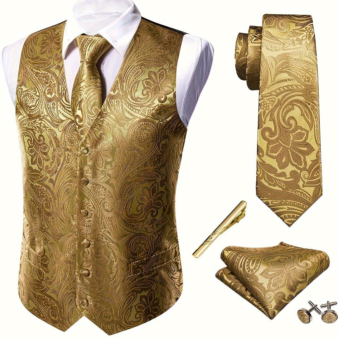TEMU Ensemble et cravate jacquard floral doré royal pour homme, 5 pièces pour tenue formelle ou mariage, grande taille