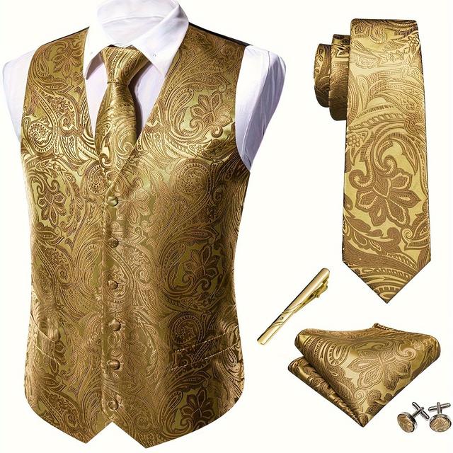 TEMU Ensemble et cravate jacquard floral doré royal pour homme, 5 pièces pour tenue formelle ou mariage, grande taille
