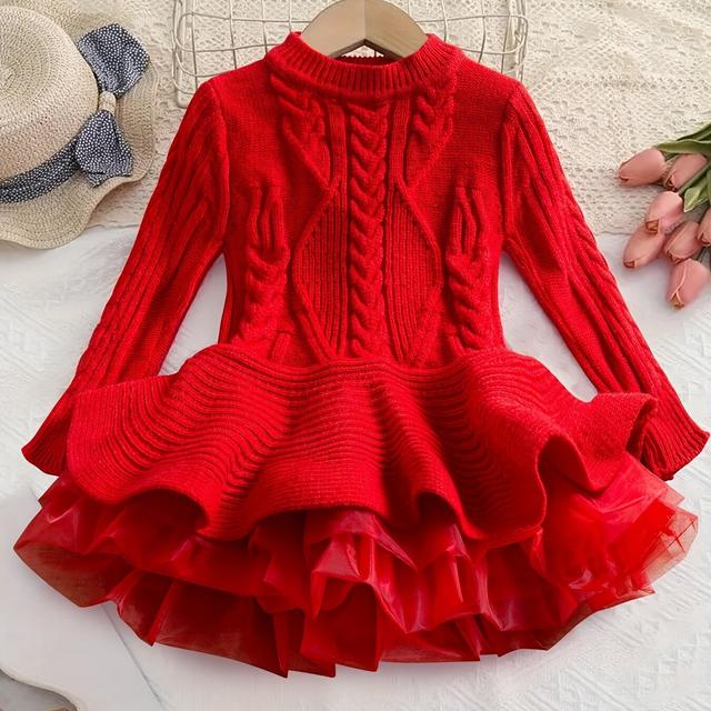 TEMU Robe pull tricotée décontractée et pour filles, robe épaisse pour et l'hiver, robe de princesse vintage, jupe gonflée tricotée en tulle , parfaite pour les fêtes d'automne et d'hiver.