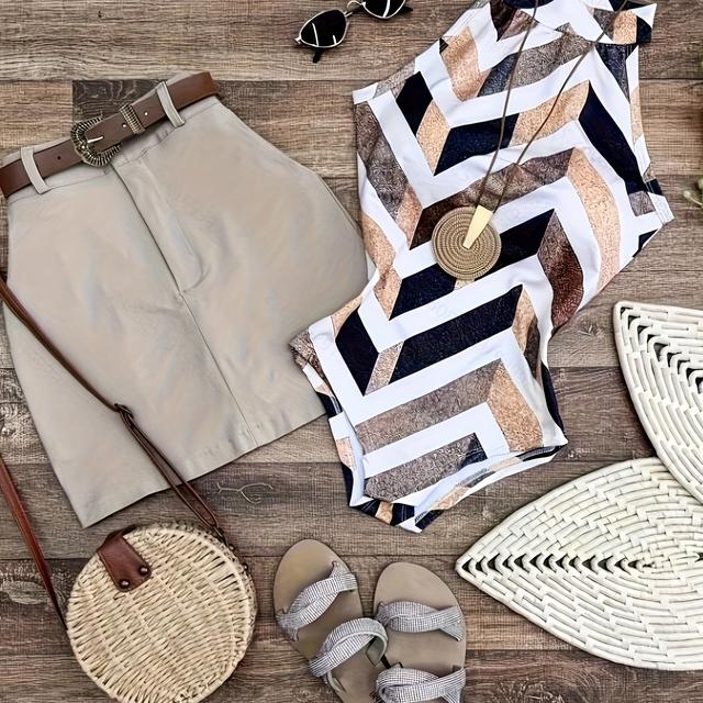 TEMU Conjunto de Top Cropped Sem com Ombros à e Estampa + Versátil com Cinto para o Verão