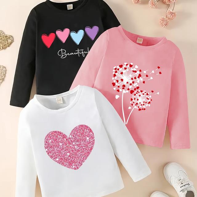TEMU Girls' Long Sleeve Applique Heart Tops, Polyester Knit Tee Shirts, Crew Neck, Stretch, Regular Fit, With No , For Fall Collection