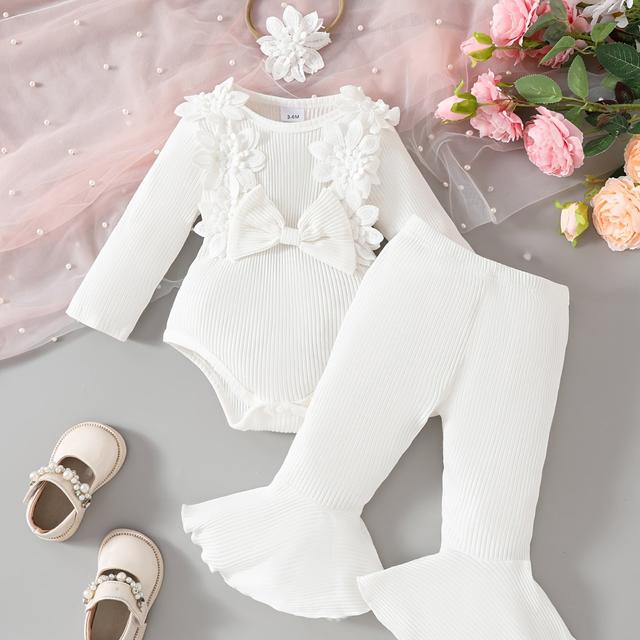 TEMU Fall Girls' Long Sleeve And Pants Wash Dress Set 0-1 Year Medium Stretch Fabric Long Sleeve Embroidered Top + Flared Pants With Headband, White Outfit For First Birthday Party, Wedding Ceremony