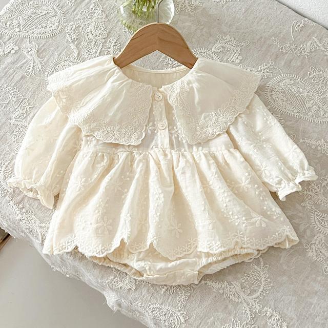 TEMU Children's Autumn Embroidered Lace Collar Long Sleeve Romper Dress For Baby Girls, Sweet Bodysuit First Birthday Gown, Perfect For Outdoor