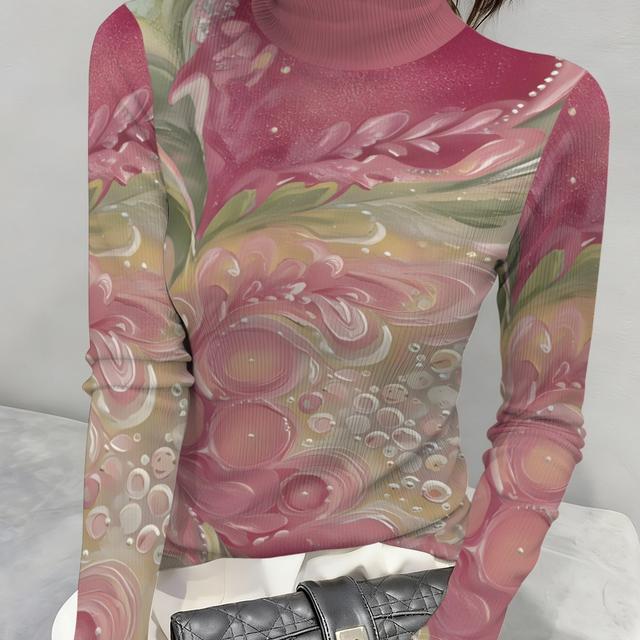 TEMU Top casual de manga larga con cuello redondo y ribeteado, cuello medio, estampado de de en degradado rosa, camiseta de capas para viajeros - 771