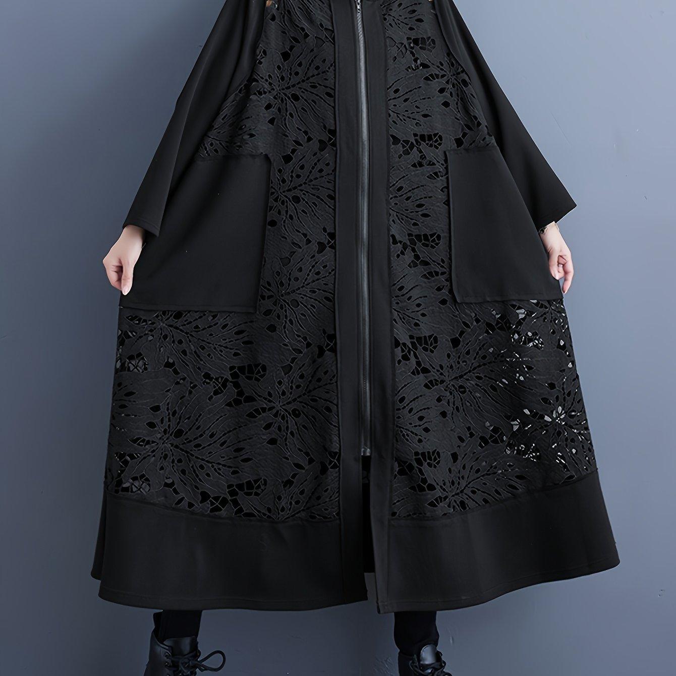 TEMU Japanese Lace Casual Long Trench Coat All-match Loose Fashion Black Hooded Jacket