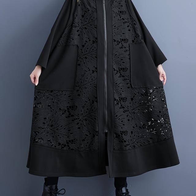 TEMU 1 szt. Japoński styl damski swobodny długi wiatrówka, luźny krój modny czarny płaszcz z kapturem z kontrastowym detalem koronkowym, poliester tkany jednokolorowy odzież wierzchnia