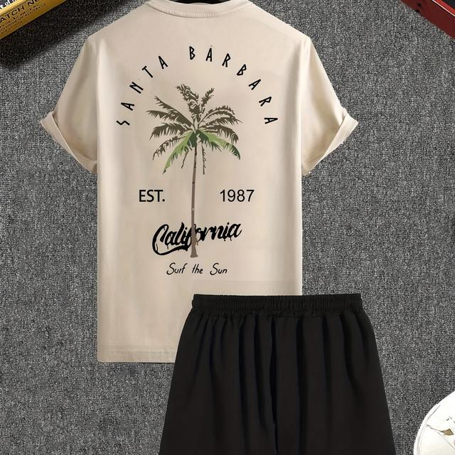 TEMU Men's Set #summer Tree Print Short Sleeve T-shirt + Drawstring Waist Shorts 2 Piece Summer Sports Casual