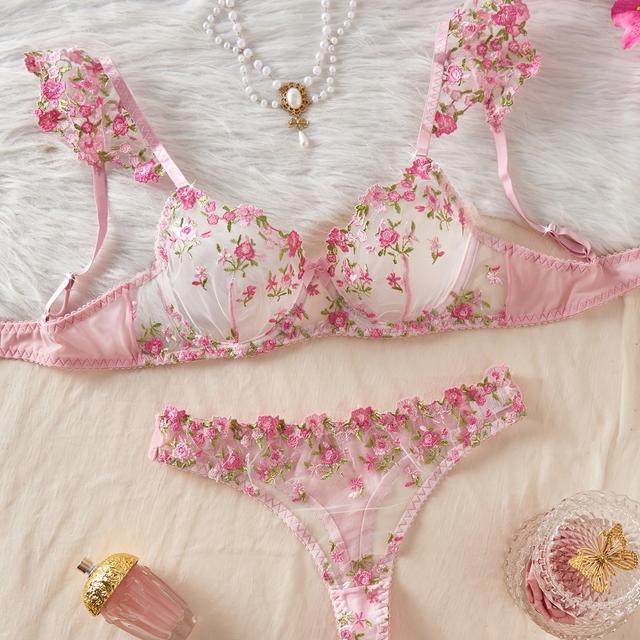 TEMU Pinkes Blumenstickerei Mesh Splicing BH und Slips Set | Blumenbestickte BH mit Bügel und durchsichtiger Spitze | Rüschen-Schulterträger mit Schleife | Sexy, durchsichtige Dessous für Damen S-XL