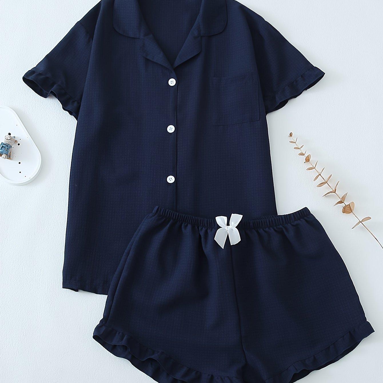 TEMU Ensemble de pyjama short à manches courtes et bulles ridées de couleur unie pour adolescentes, pour adolescentes, pour adolescentes