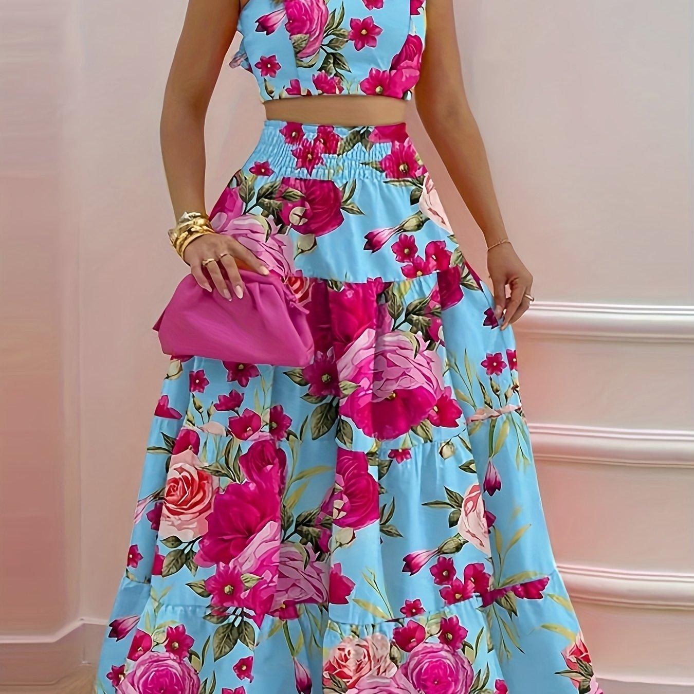 TEMU 2025 New European And Floral Ruffle Bustier 2pcs Women's Long Dress, With Rose Red Large Floral Contrast, High Waist Sexy Strappy Flared Skirt, Suitable For Parties. Perfect For On Occasions
