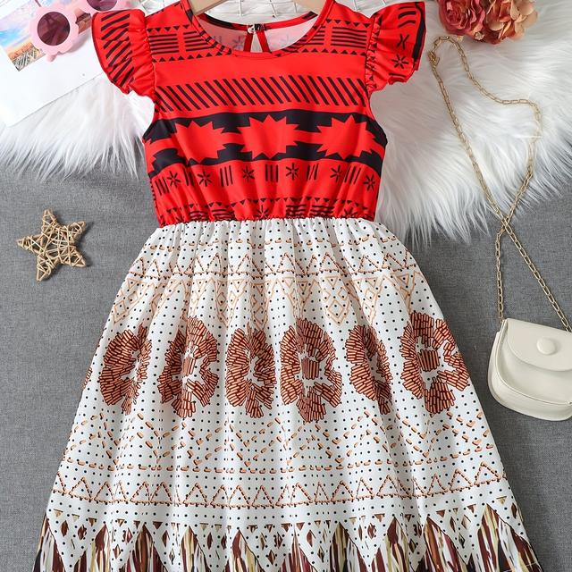 TEMU Casual Boho Style Flutter Sleeve Dress For Girls Summer Holiday Party Gift