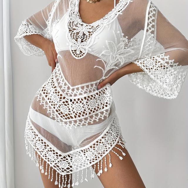 TEMU White Mesh Bikini Cover-up With Lace For The Beach, Featuring A Sexy