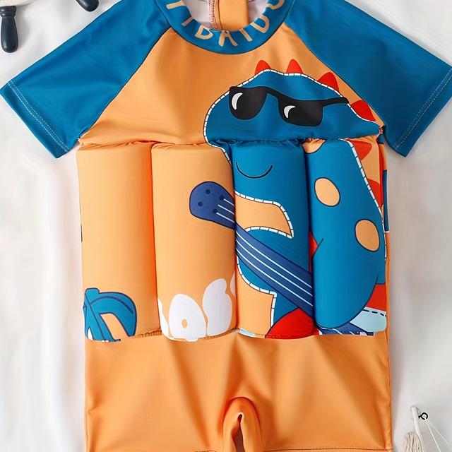 TEMU Boys' Short Sleeve Swim Trunks With Removable Buoyancy Bar Zipper Back Swimsuit